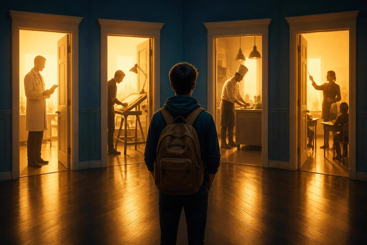 A young person looking through open doors into different career worlds