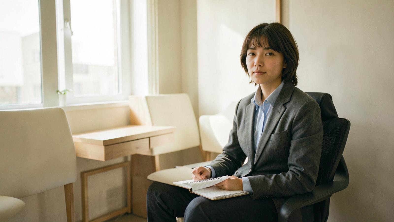 A candidate sitting with a notebook in a bright office waiting room before an interview