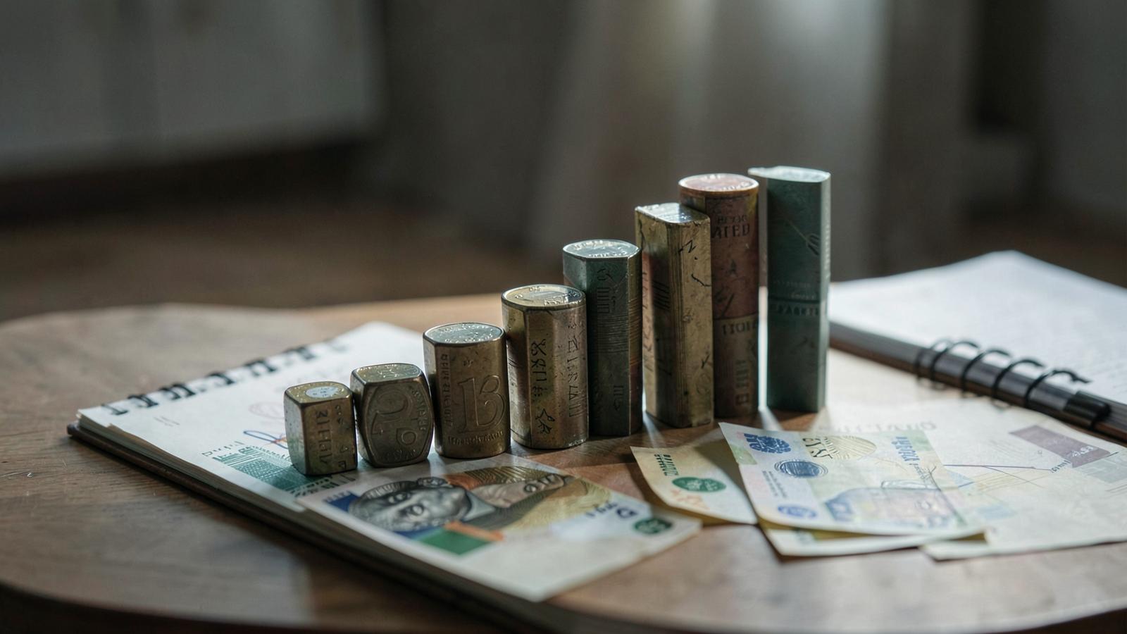 Stacks of coins arranged as a rising bar chart on a desk with banknotes and a notebook