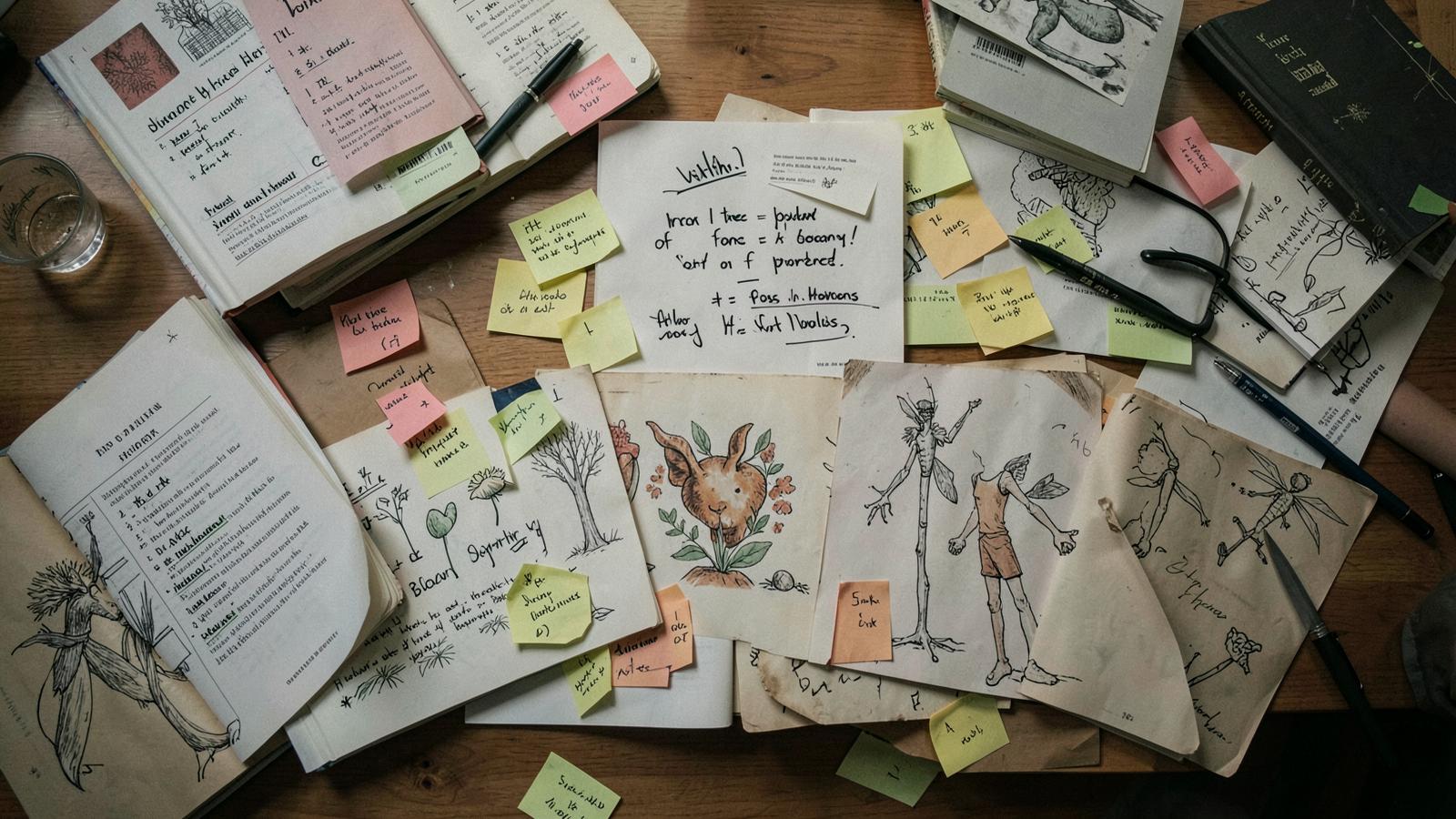 A student's desk covered in textbooks, sketches and sticky notes, seen from above